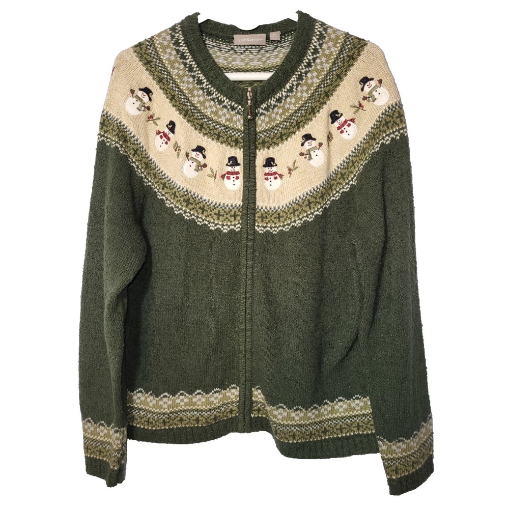 Croft & Barrow Green Fair Isle Snowmen Zipper Textured Sweater XL Holiday Winter